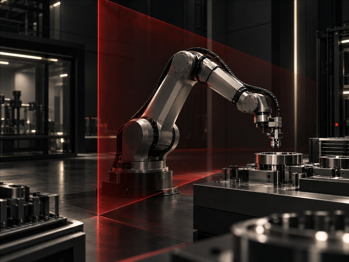 Industrial robotic arm operating behind an abstract red security boundary